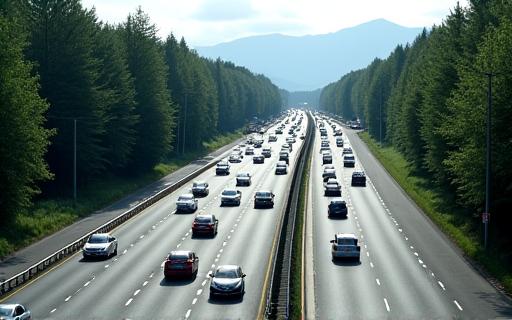 Verkehr auf einer mehrspurigen Schweizer Autobahn.
