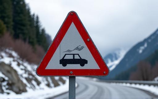 Ein Strassenschild warnt vor Schnee auf einem Schweizer Bergpass.